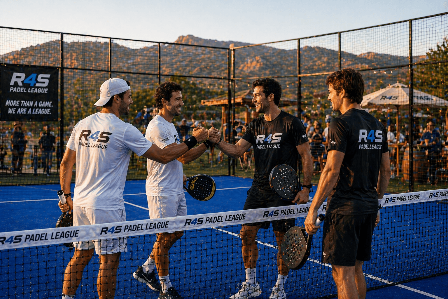 Rally for Serve players celebrating a padel rally at golden hour