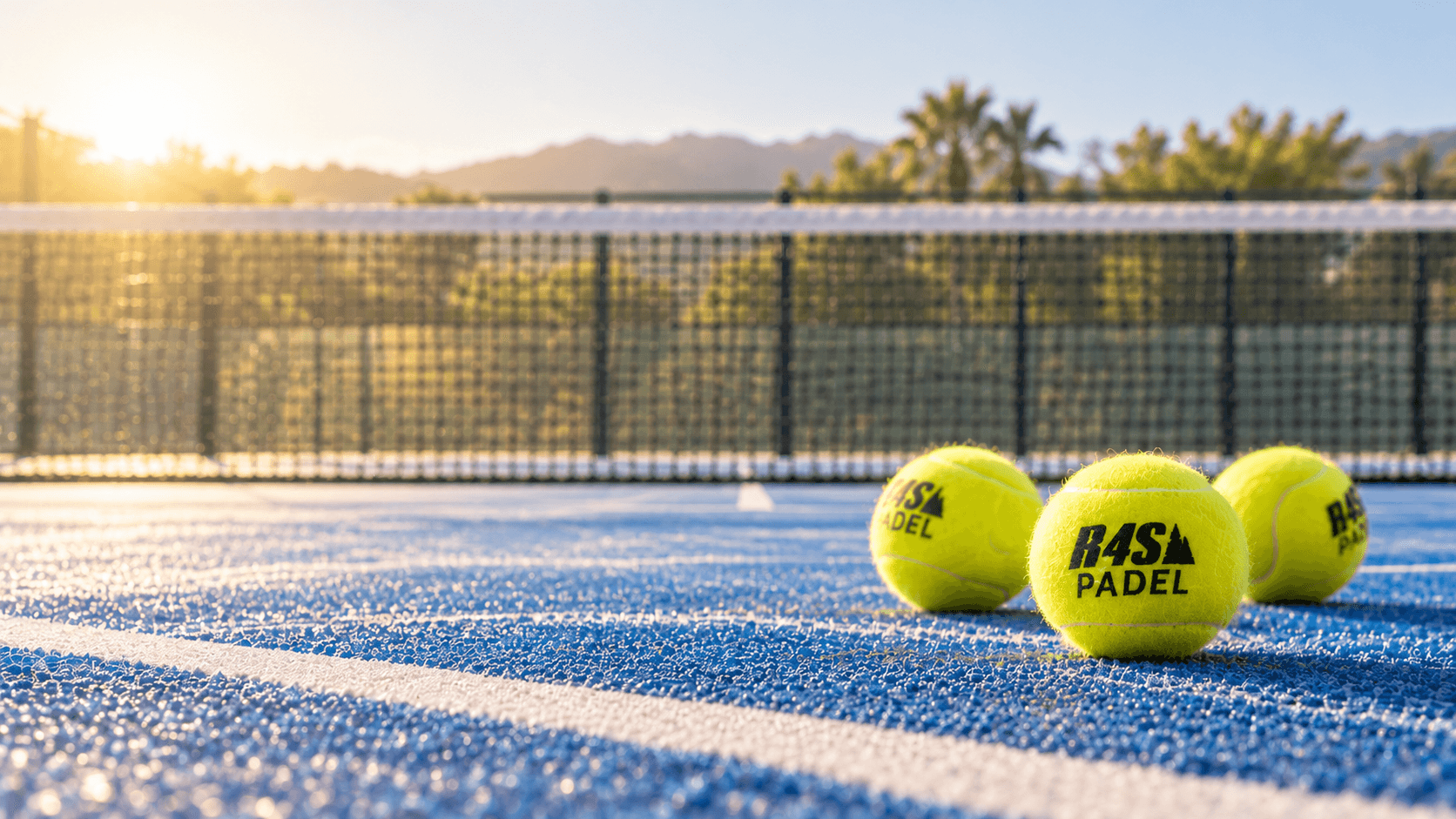 Three R4S padel balls on a blue court at golden hour