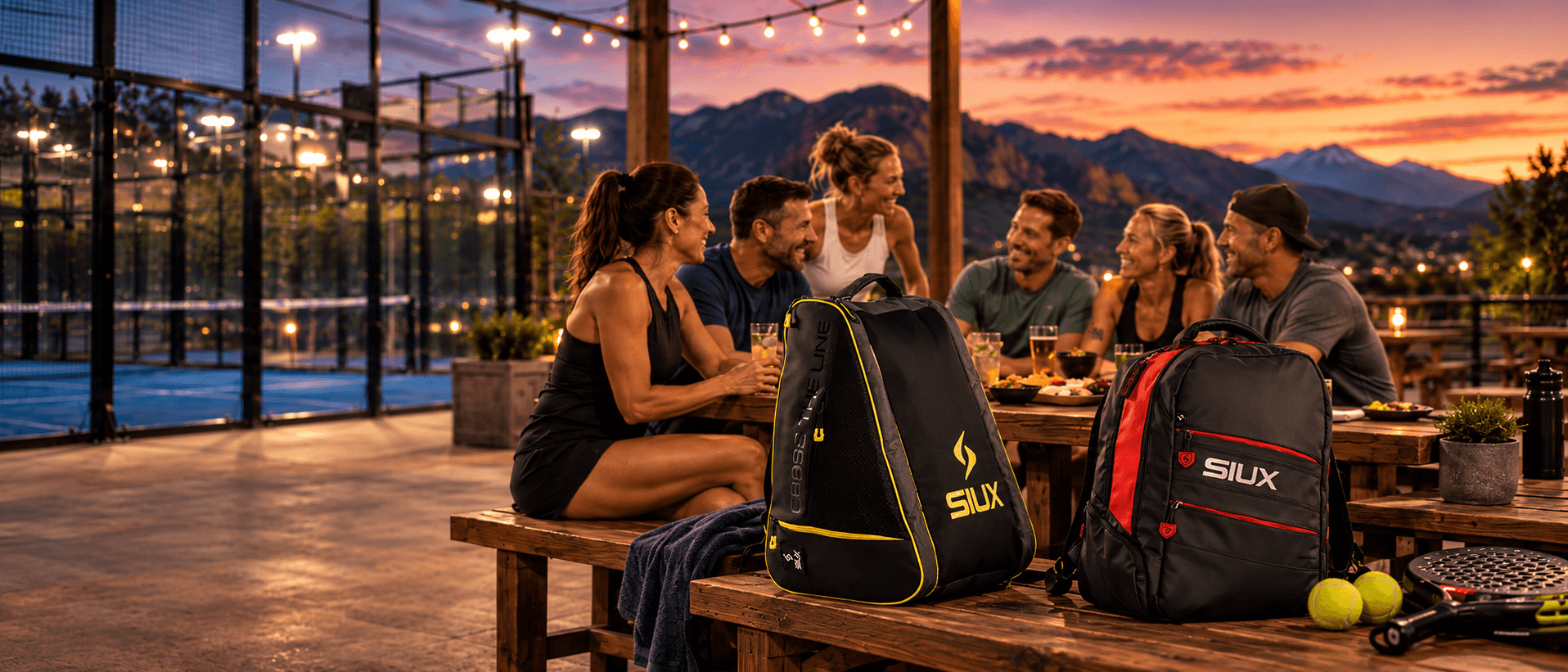 Friends gathered at sunset with Siux padel bags on the table