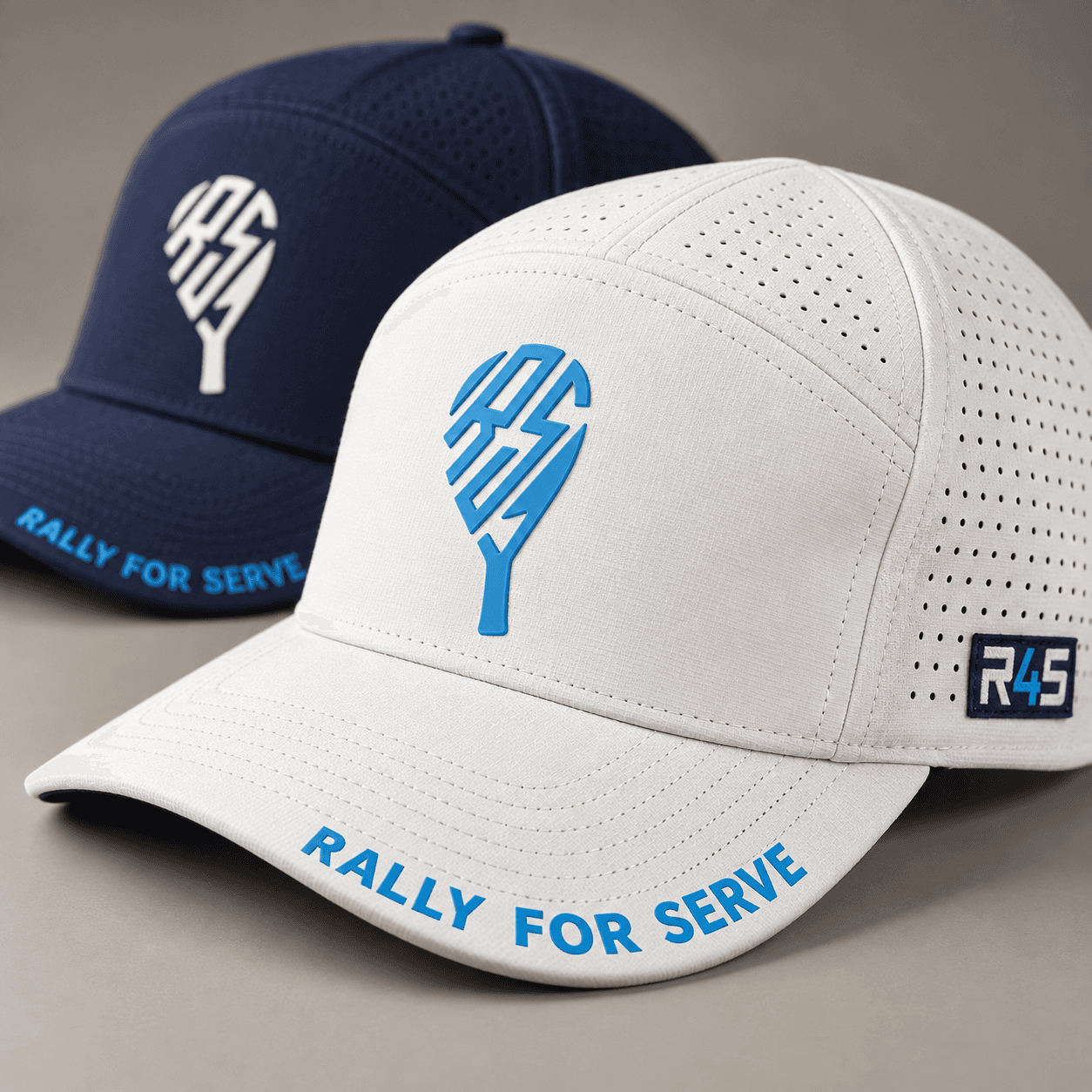 Close court hat view showing the Rally front logo, perforated ventilation, R4S side patch, and branded brim