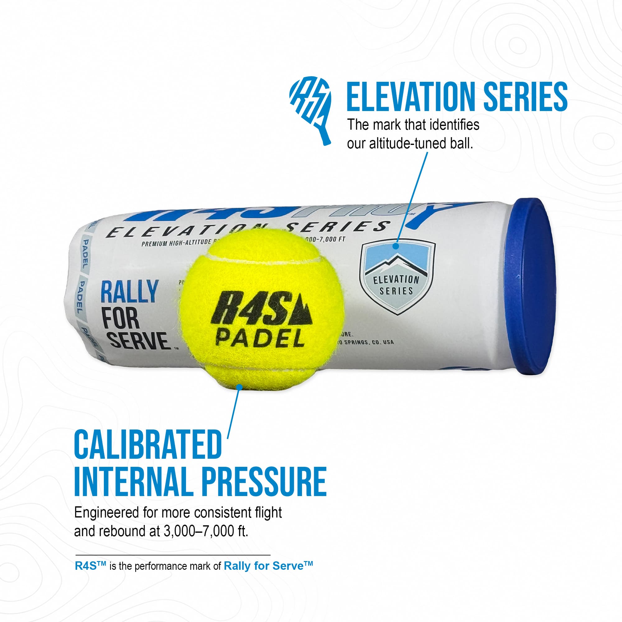 R4S Pro Elevation Series padel ball and tube highlighting the Elevation Series shield